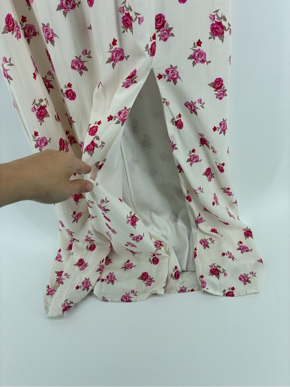 Floral Tie-Front Maxi Dress in White with Pink Roses Cottagecore - Picture 6 of 14